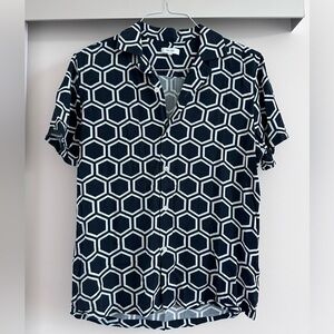 Reiss Blue Geometric Print Cuban Collar Shirt